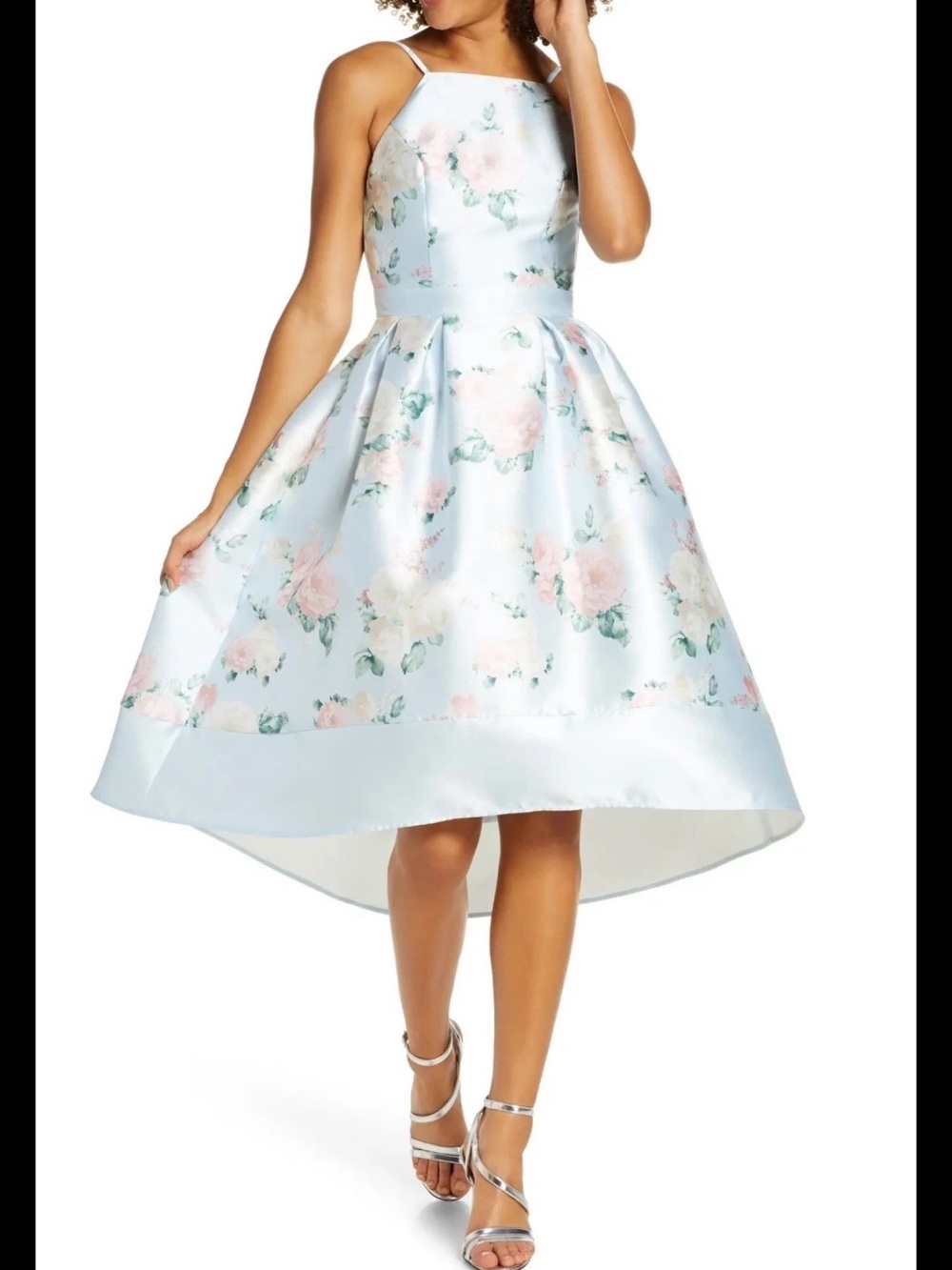 chi chi london tallie floral satin cocktail dress Light blue high low Size 10